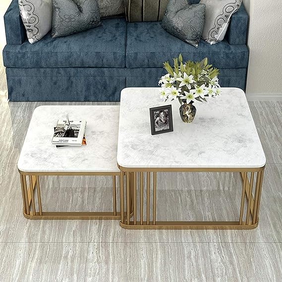 Contemporary Chic: White Gold Square 2-Piece Nesting Coffee & Tea Table Ensemble - Ace Crafts Emporio