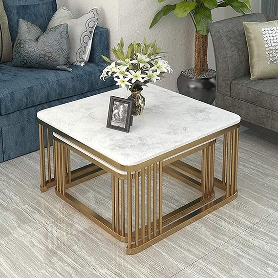Contemporary Chic: White Gold Square 2-Piece Nesting Coffee & Tea Table Ensemble - Ace Crafts Emporio