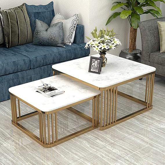 Contemporary Chic: White Gold Square 2-Piece Nesting Coffee & Tea Table Ensemble - Ace Crafts Emporio