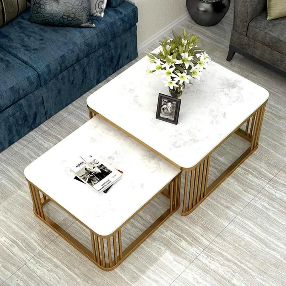 Contemporary Chic: White Gold Square 2-Piece Nesting Coffee & Tea Table Ensemble - Ace Crafts Emporio