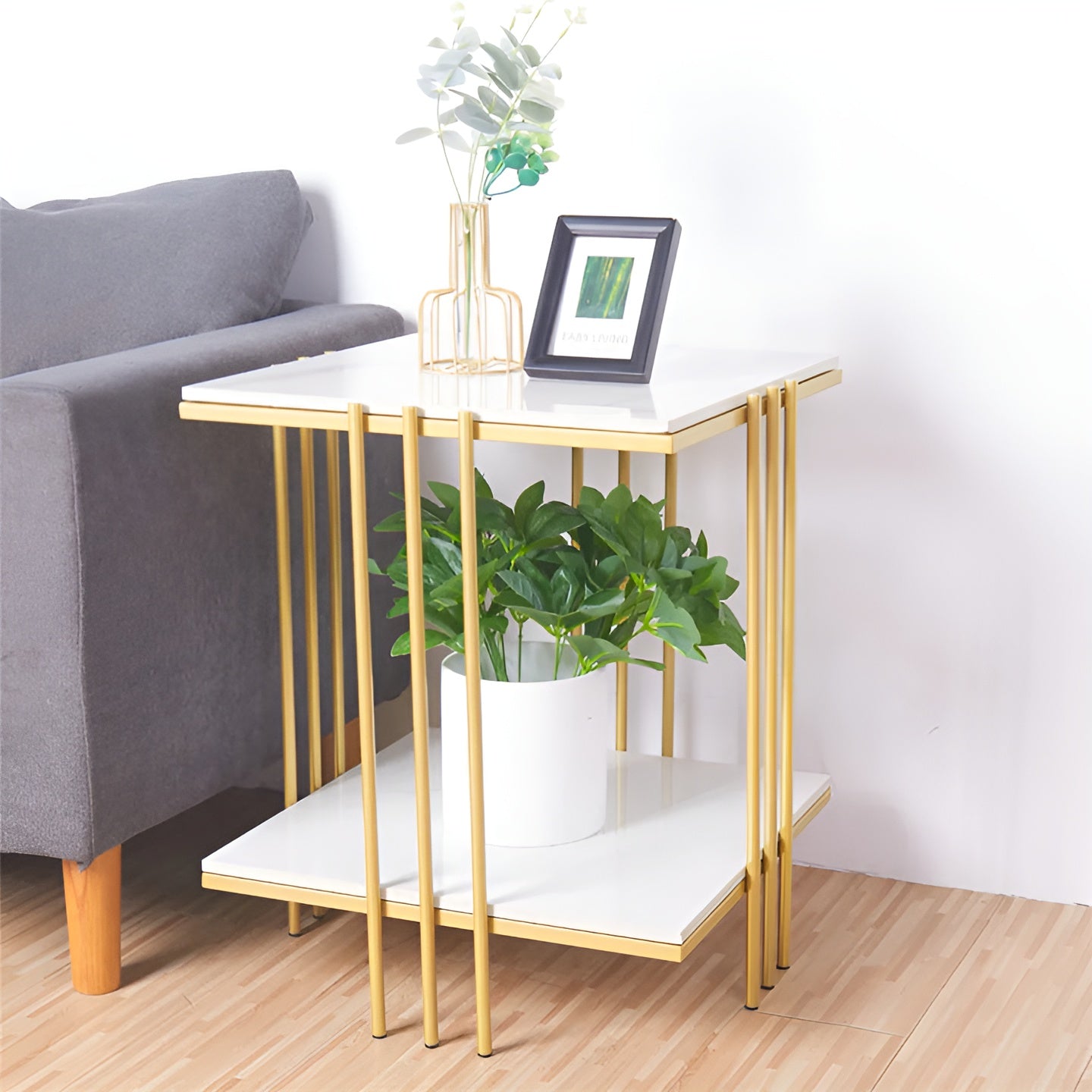 Luxurious White Marble-Top Side Table with Gold Metal Frame and Lower Shelf