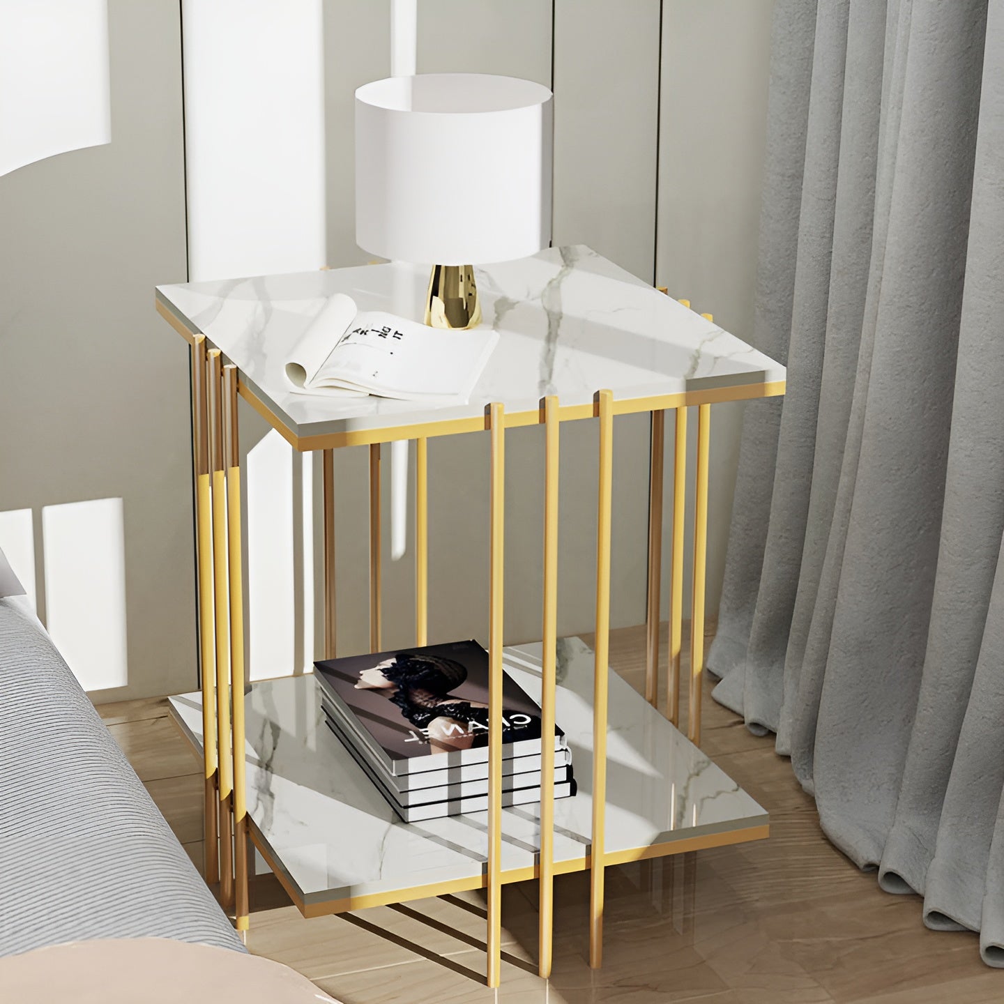 Luxurious White Marble-Top Side Table with Gold Metal Frame and Lower Shelf