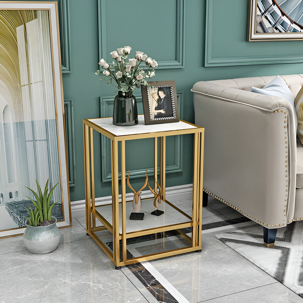 Square Marble-Top Side Table with Black Metal Frame and Storage Shelf