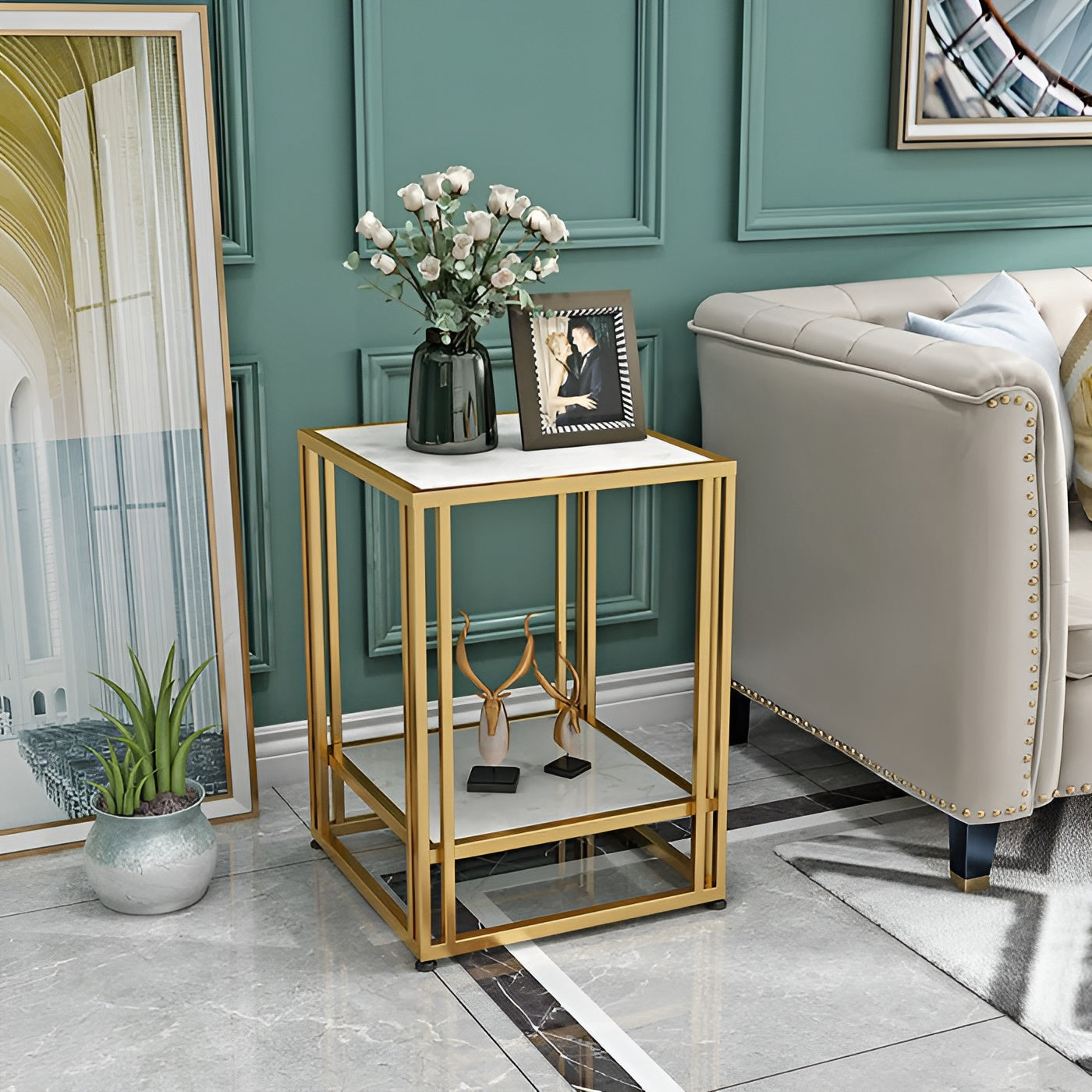 Square Marble-Top Side Table with Black Metal Frame and Storage Shelf