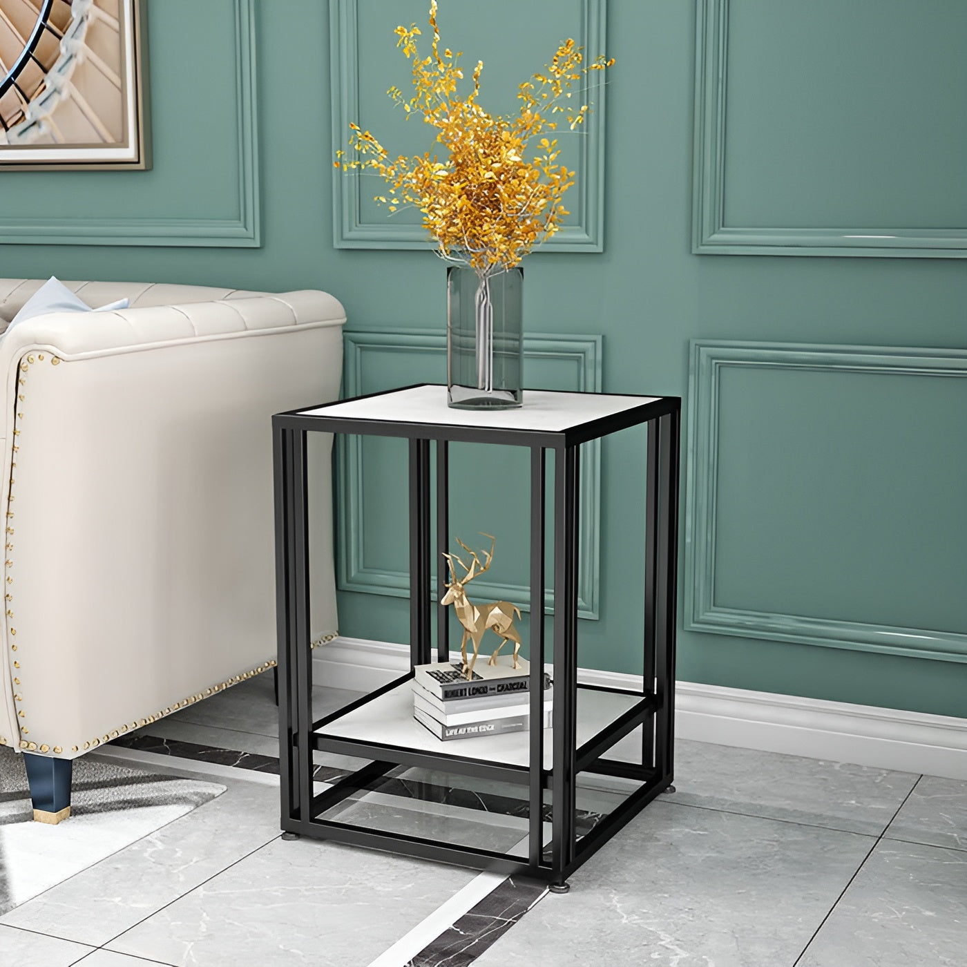 Square Marble-Top Side Table with Black Metal Frame and Storage Shelf
