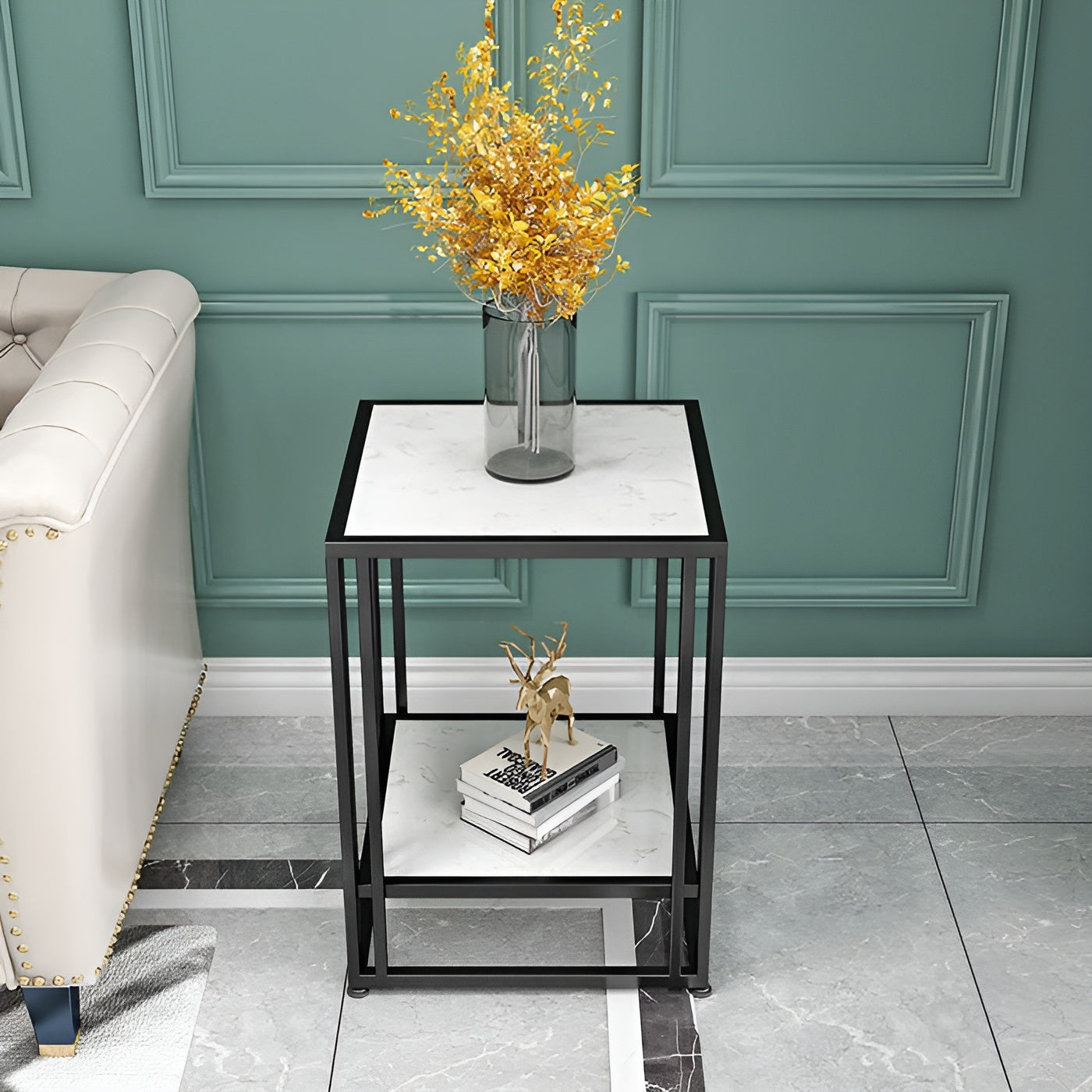 Square Marble-Top Side Table with Black Metal Frame and Storage Shelf