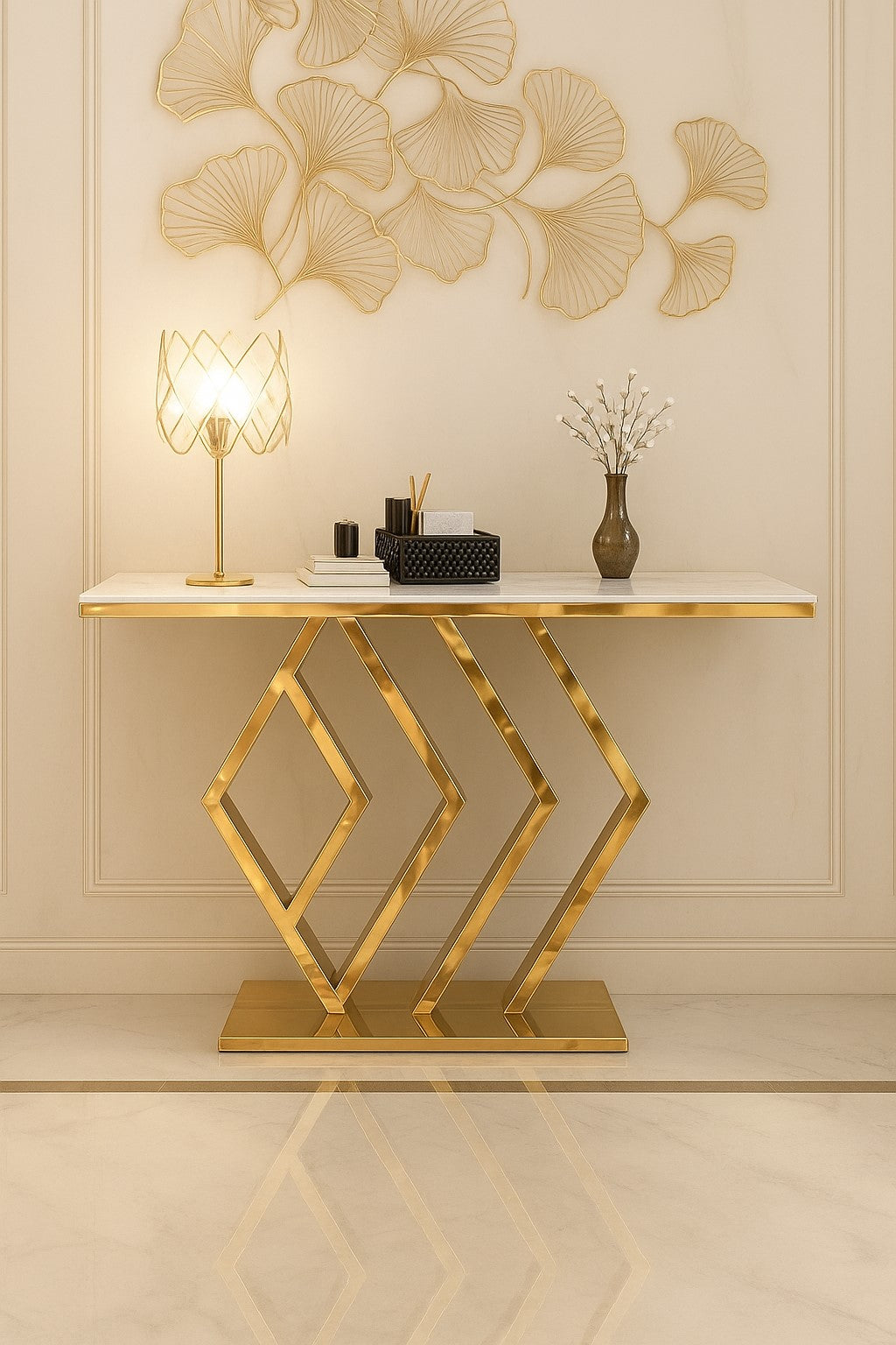 Modern Design Golden Console Table in Geometric Pattern with Marble Top