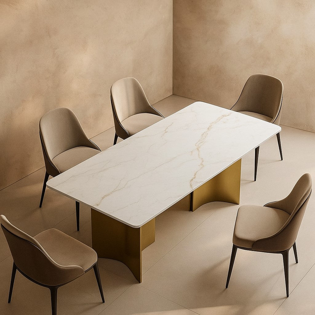 Cross Style Luxurious Golden PVD Base Dining Table with Marble Top 6 Seater