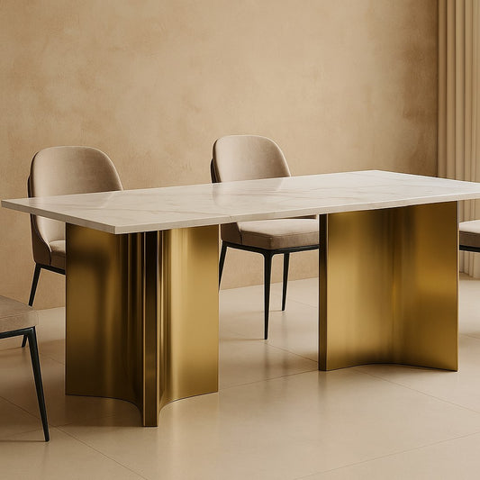 Cross Style Luxurious Golden PVD Base Dining Table with Marble Top 6 Seater