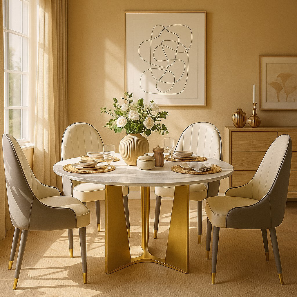 Stylish Round Dining Table in White Marble & Golden Finish