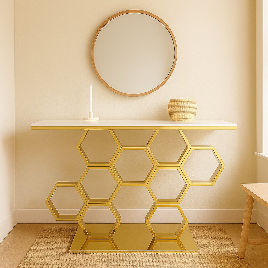 Luxury Honeycomb Design Console Table in Gold PVD Finish for Entryway & Living Room