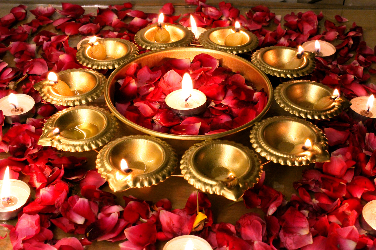 Diya Shape Gold Flower Decorative Urli Bowl for Home | Handcrafted Bowl for Floating Flowers and Tea Light Candles Home, Office and Table Decor | Diwali Decoration Items for Home - Ace Crafts Emporio