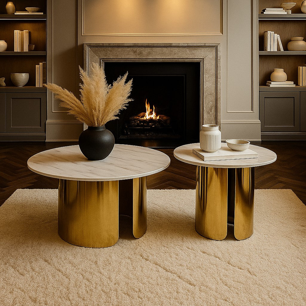 Luxury Round Nesting Table Set of 2 with Marble Top & Golden PVD Base