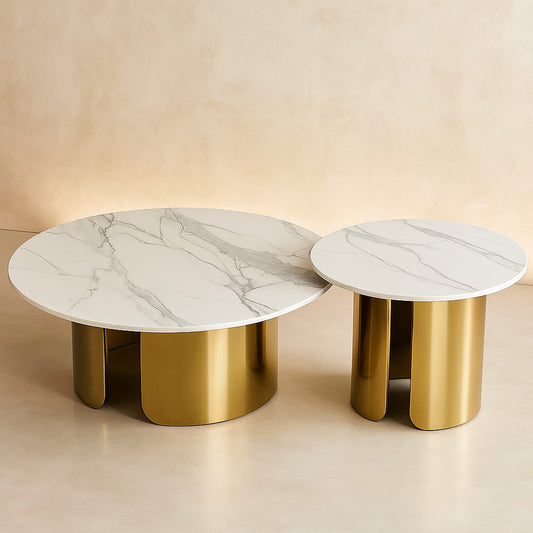 Luxury Round Nesting Table Set of 2 with Marble Top & Golden PVD Base