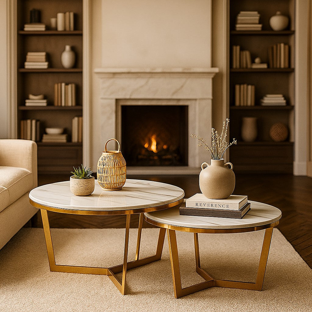 Round Marble Top Golden PVD Nesting Table Set of 2 – Luxury Modern Coffee Tables for Living Room