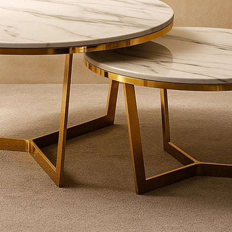 Round Marble Top Golden PVD Nesting Table Set of 2 – Luxury Modern Coffee Tables for Living Room