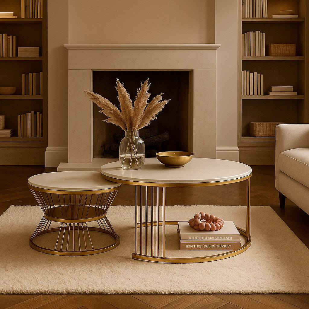 Round Golden PVD Nesting Table Set of 2 with Marble Top