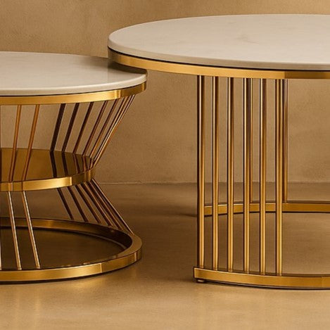 Round Golden PVD Nesting Table Set of 2 with Marble Top