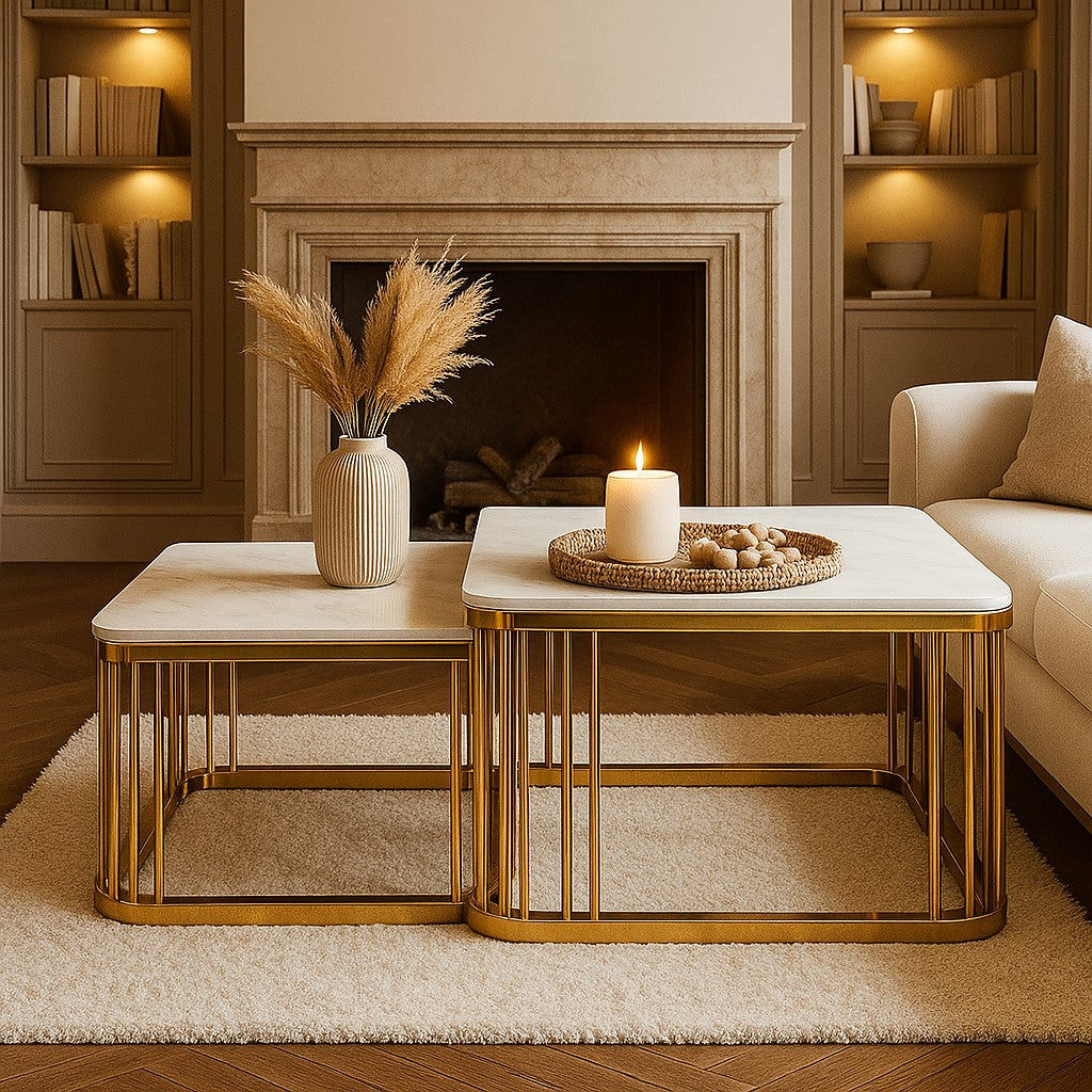 Square Golden PVD Nesting Table Set of 2 with Marble Top