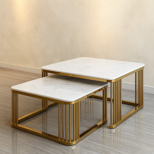 Square Golden PVD Nesting Table Set of 2 with Marble Top