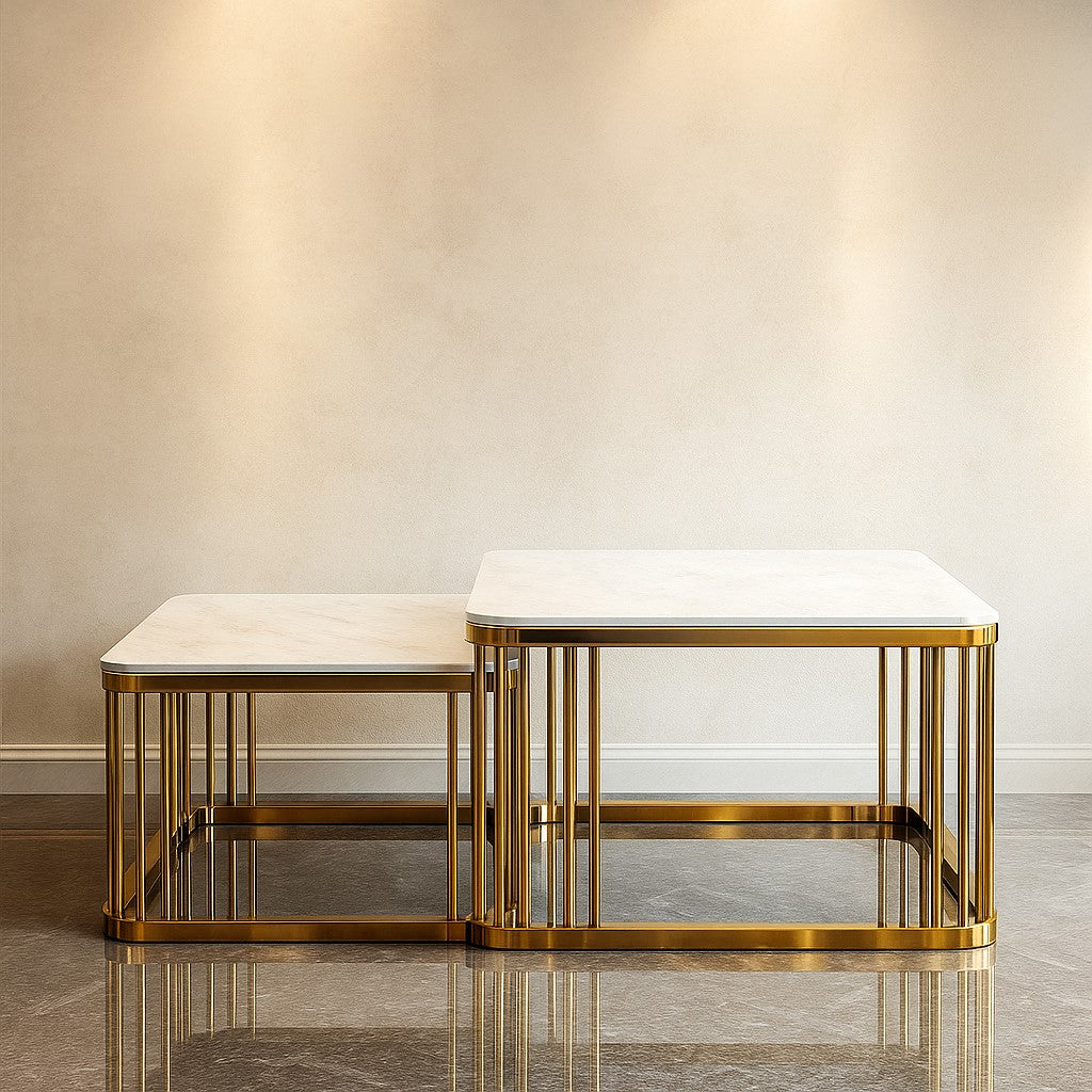 Square Golden PVD Nesting Table Set of 2 with Marble Top