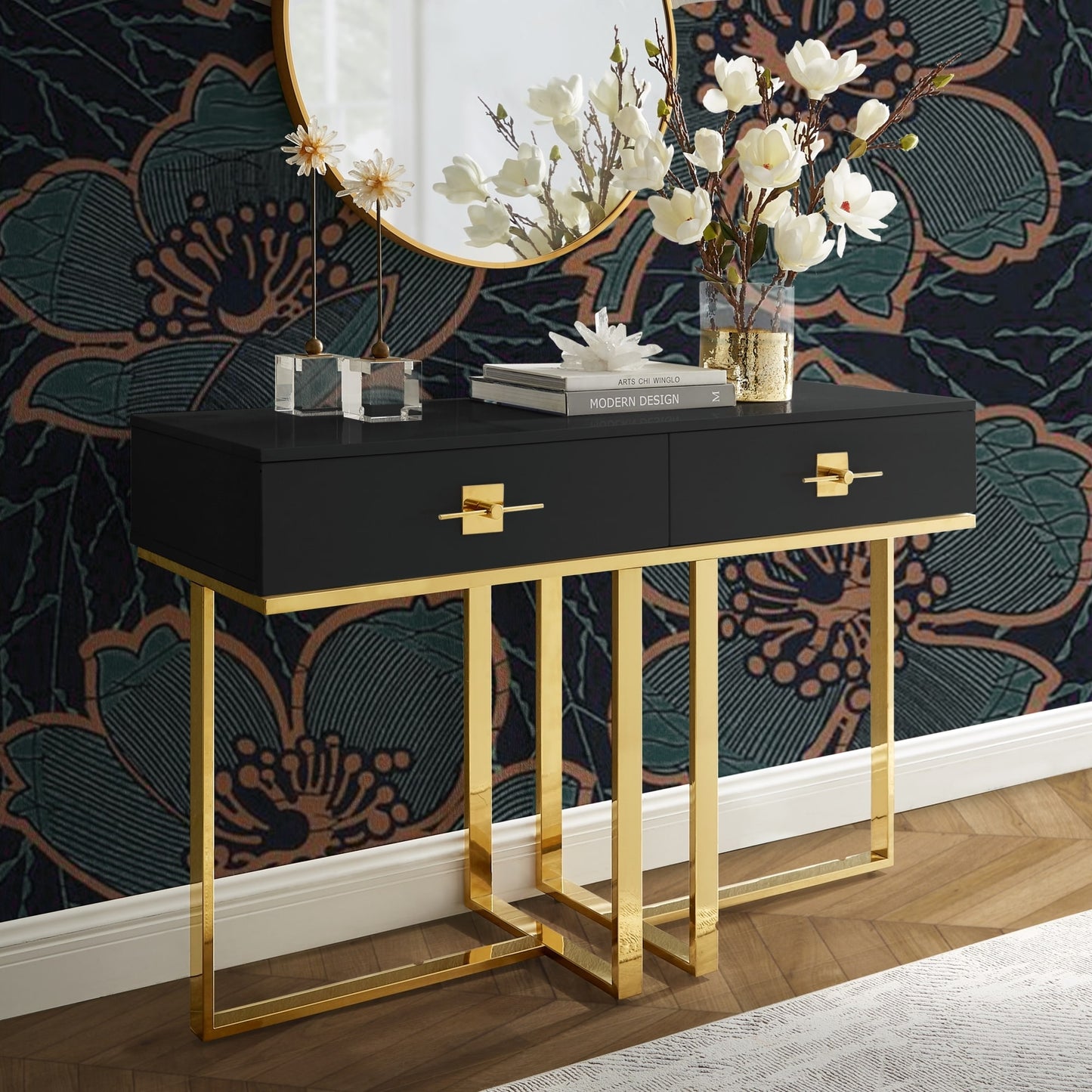 Modern High Gloss Stainless Steel Console Table with Drawer