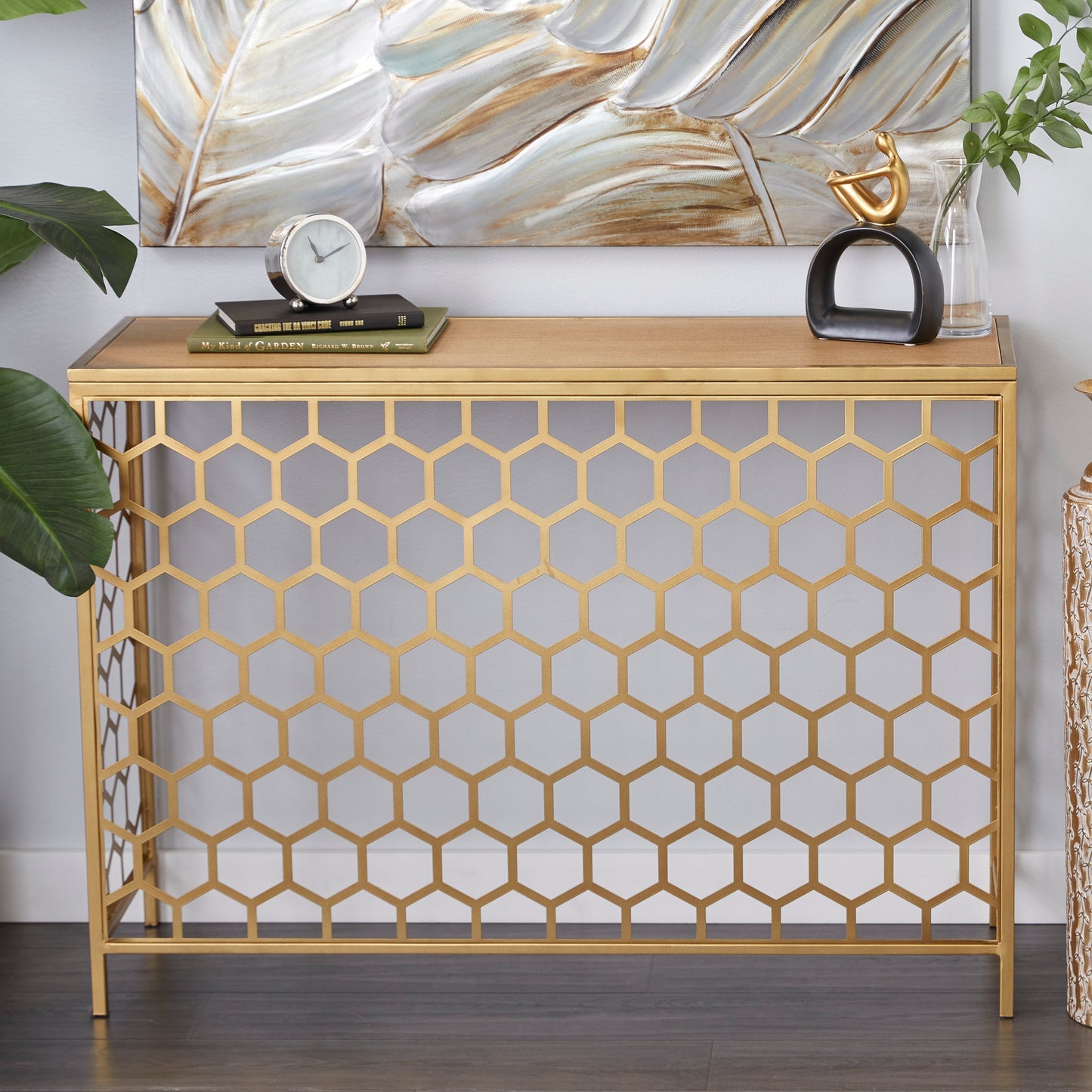 Gold Honeycomb Metal Console Table with Brown Wooden Top