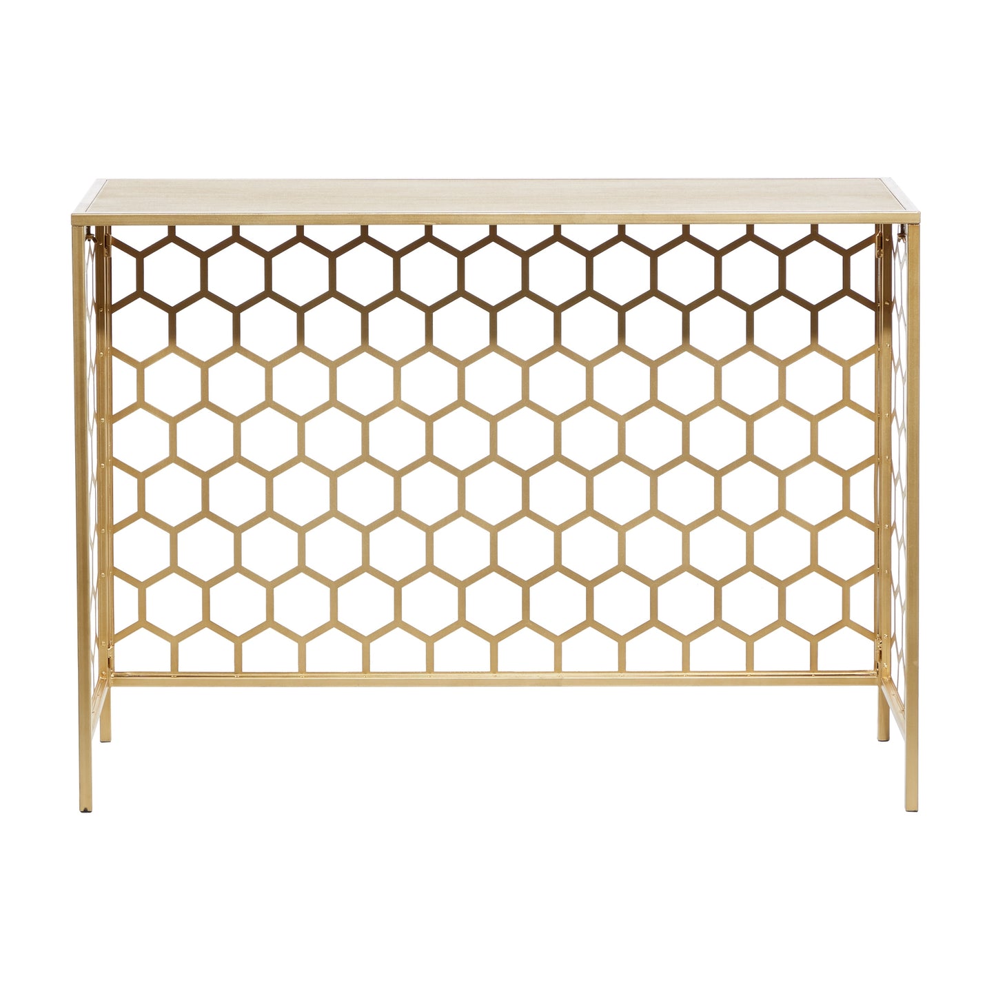 Gold Honeycomb Metal Console Table with Brown Wooden Top