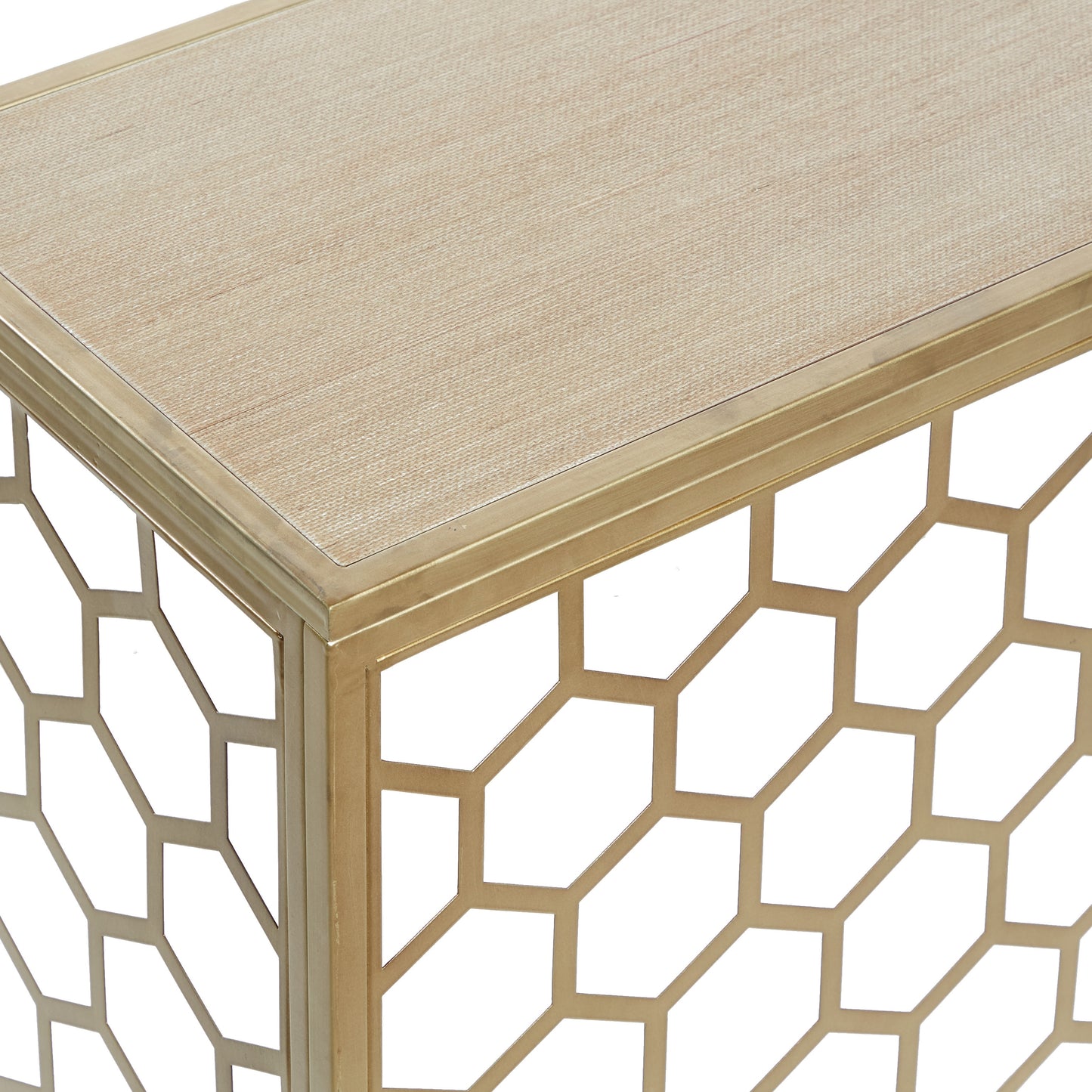 Gold Honeycomb Metal Console Table with Brown Wooden Top