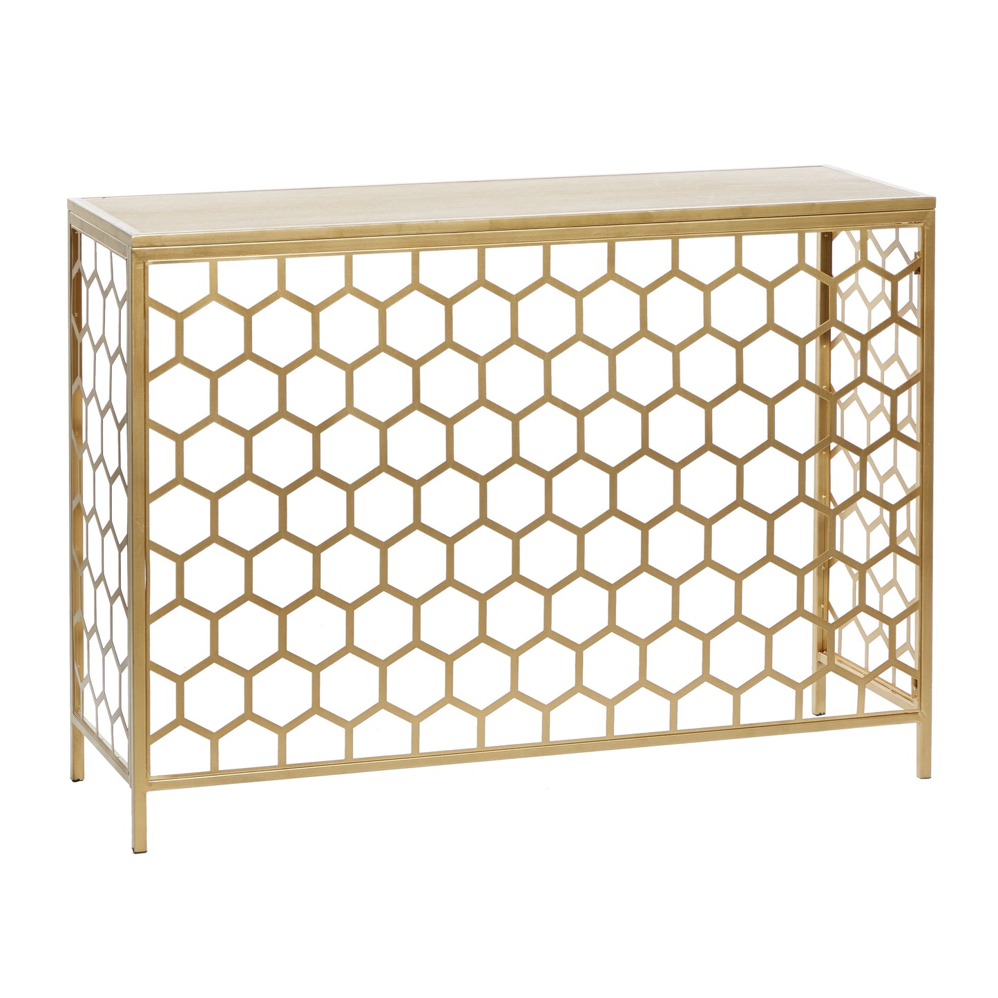 Gold Honeycomb Metal Console Table with Brown Wooden Top