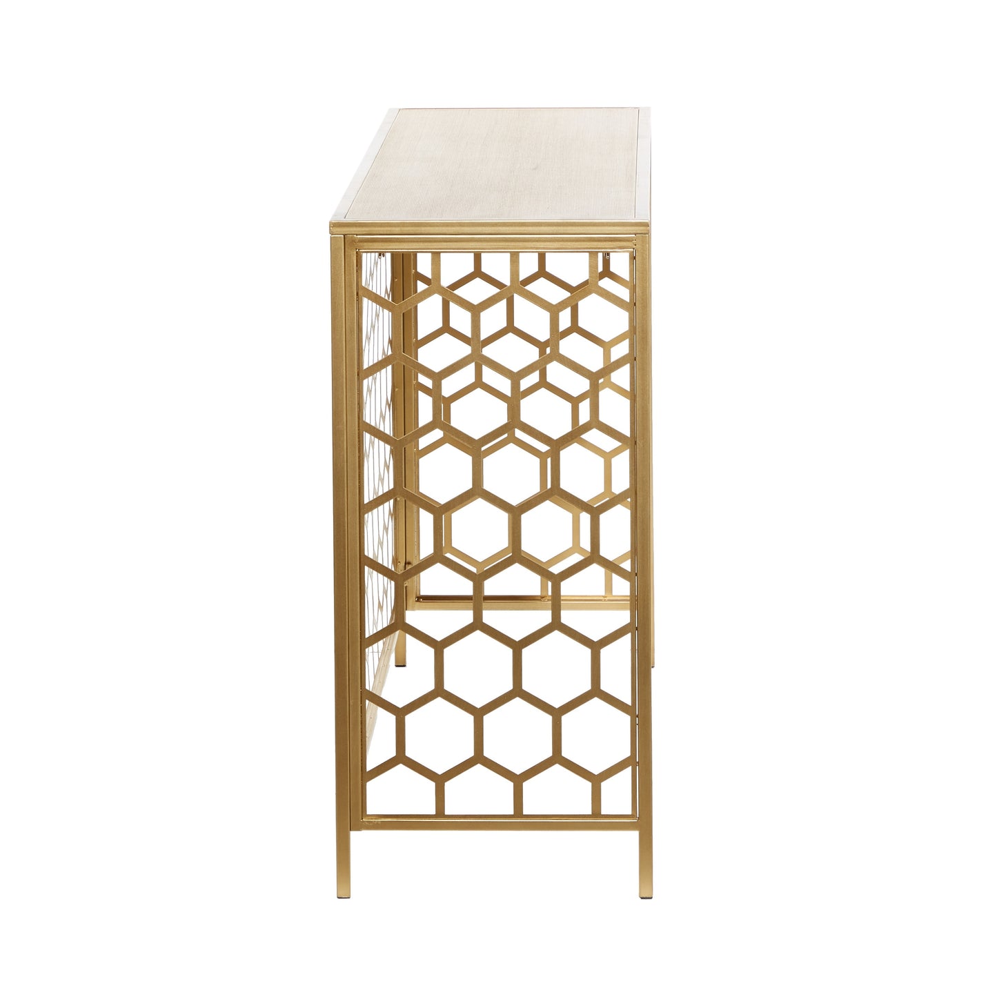 Gold Honeycomb Metal Console Table with Brown Wooden Top