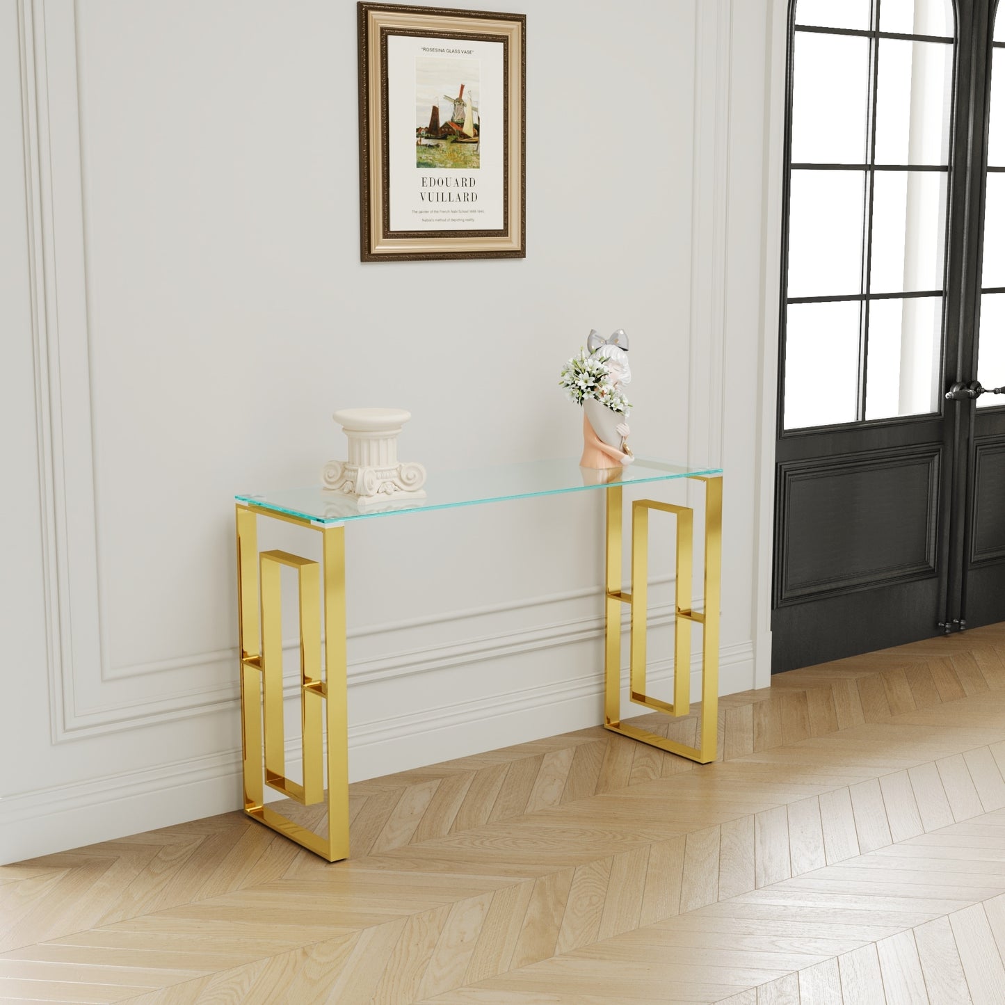 Luxurious Gold Console Table with Sleek Glass Top
