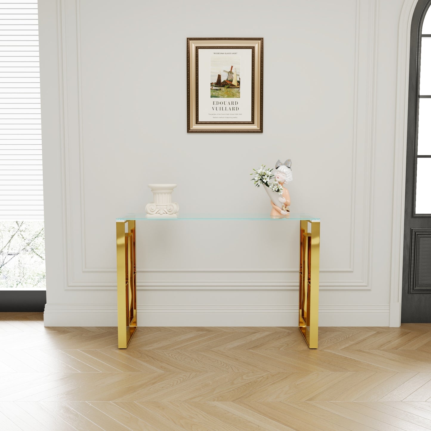 Luxurious Gold Console Table with Sleek Glass Top