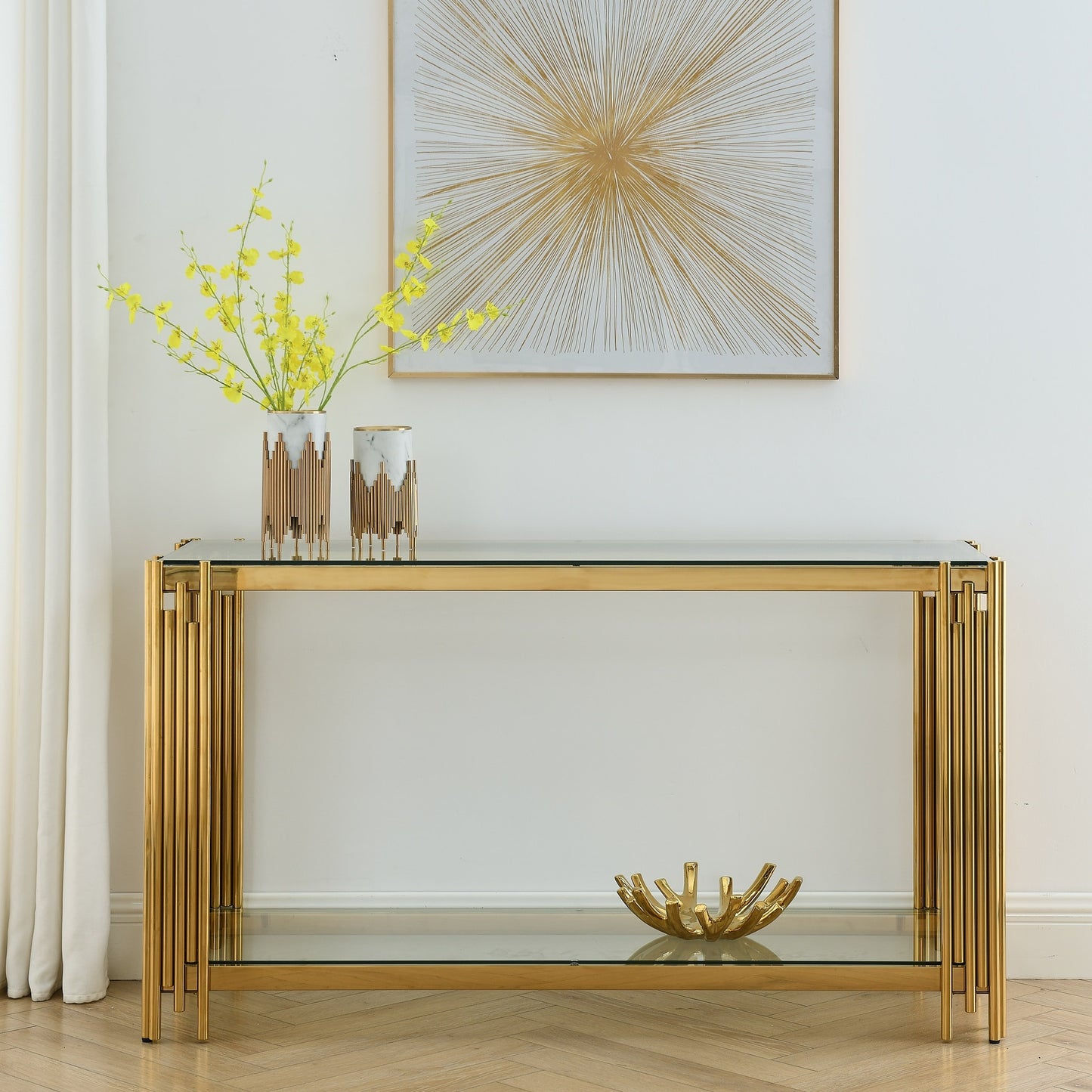 Contemporary Metal Console Table with Sleek Glass Top