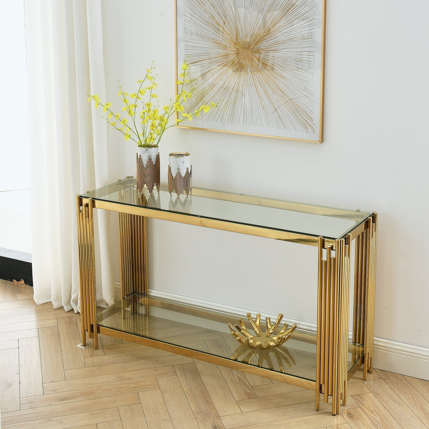 Contemporary Metal Console Table with Sleek Glass Top