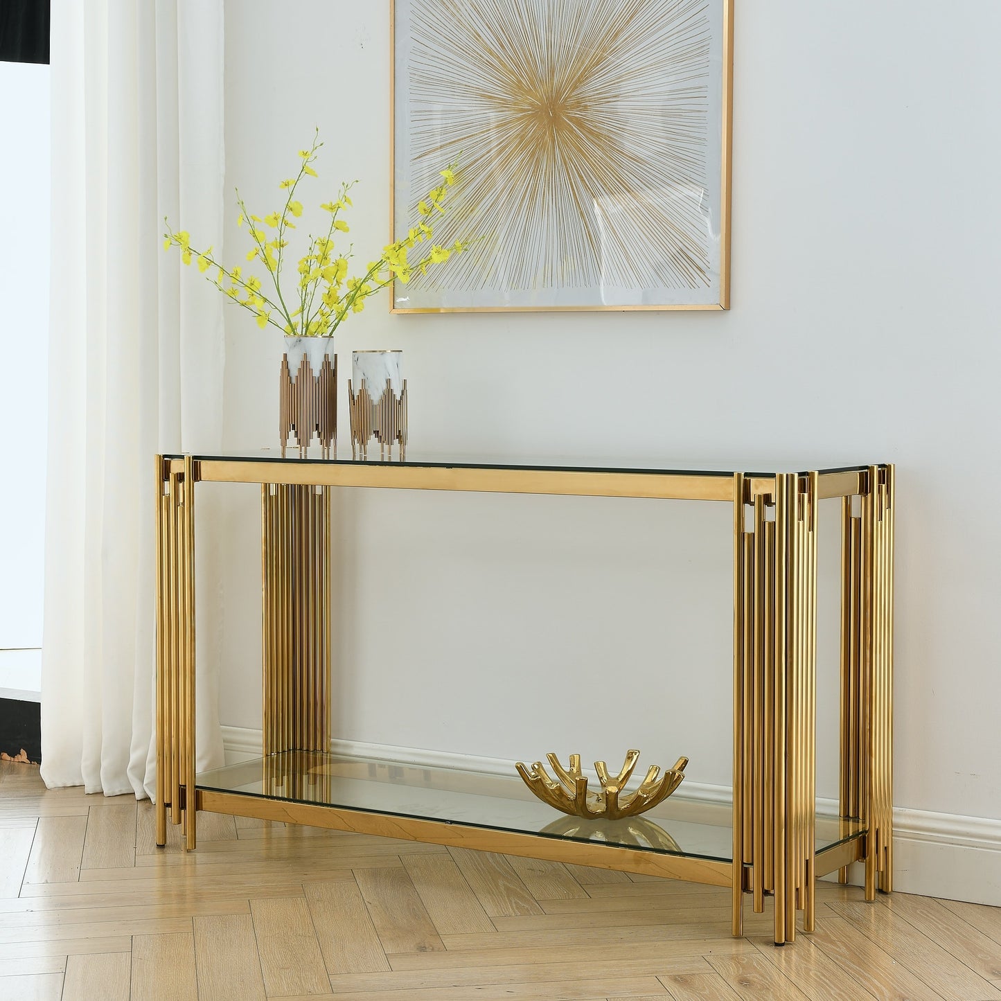 Contemporary Metal Console Table with Sleek Glass Top