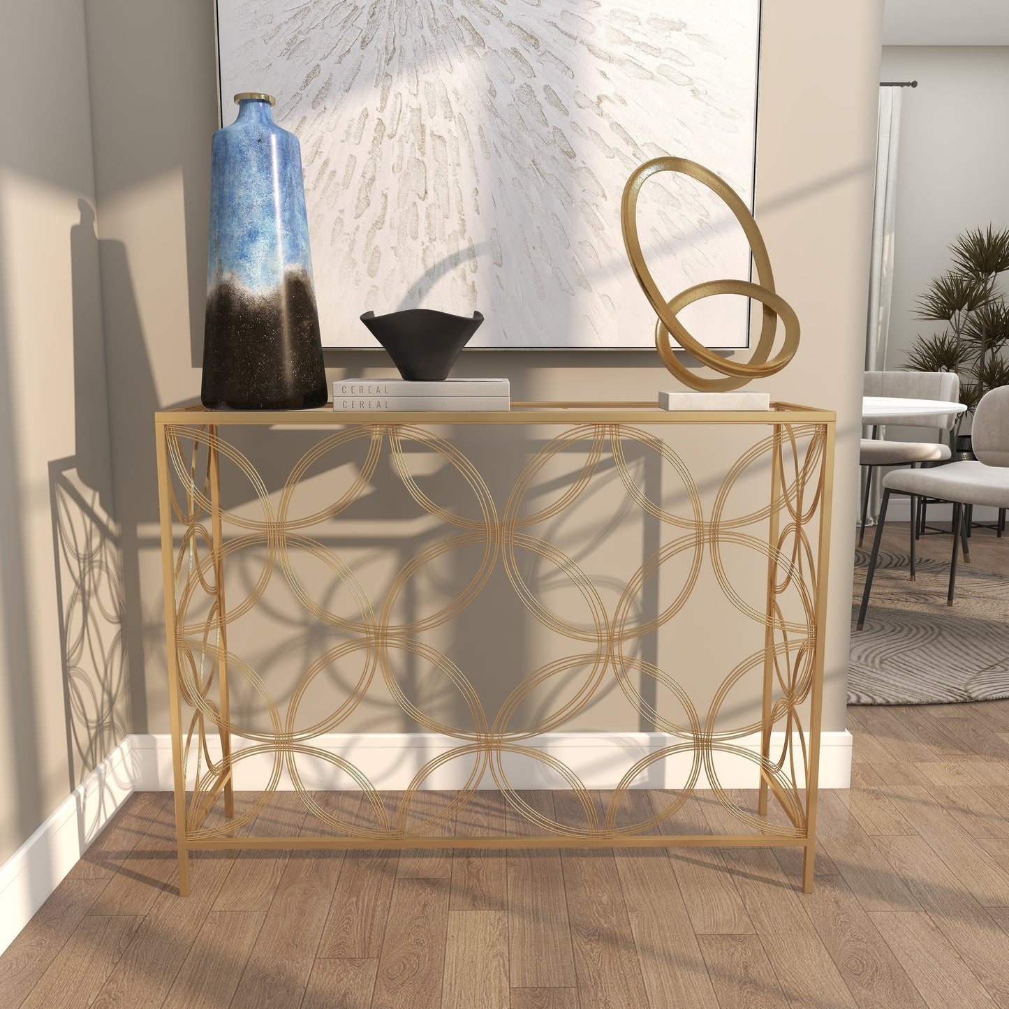 Gold Metal Geometric Console Table – Modern Elegance with a Unique Twist