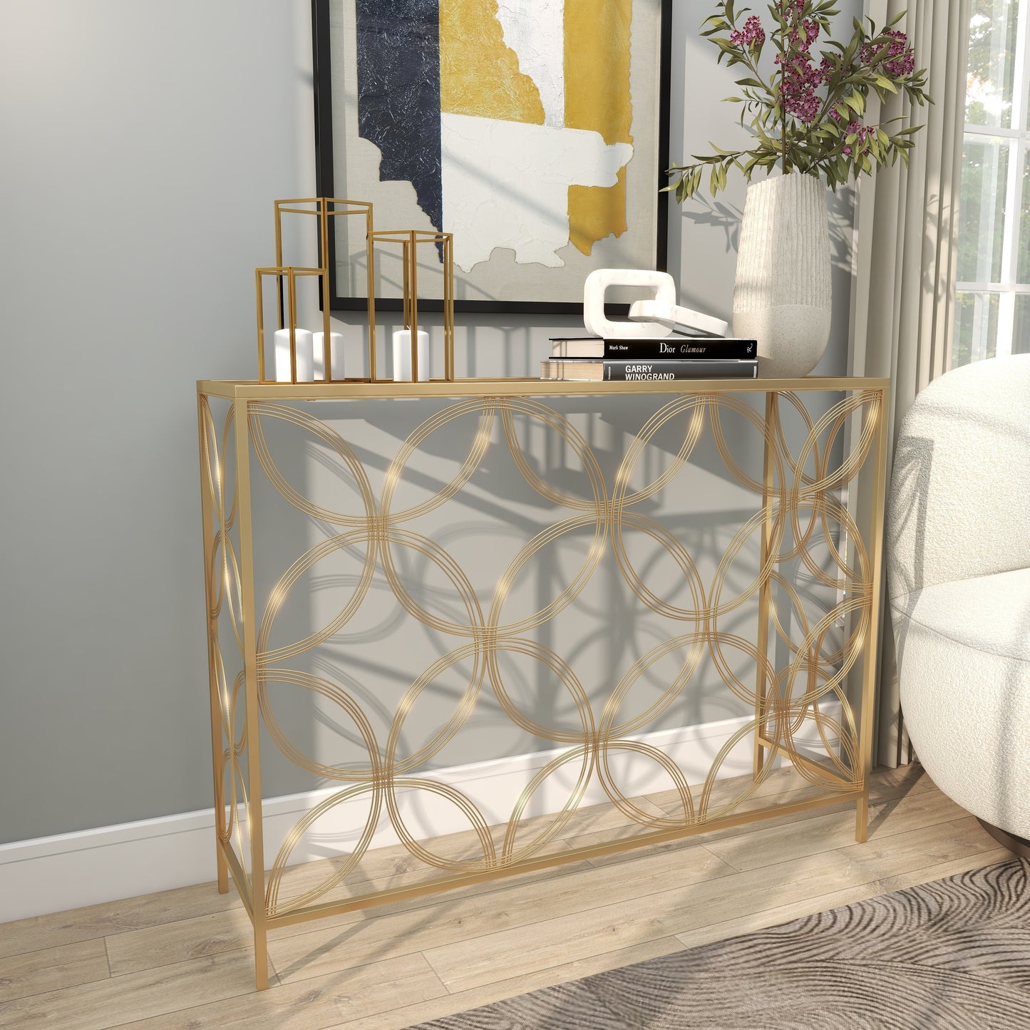 Gold Metal Geometric Console Table – Modern Elegance with a Unique Twist