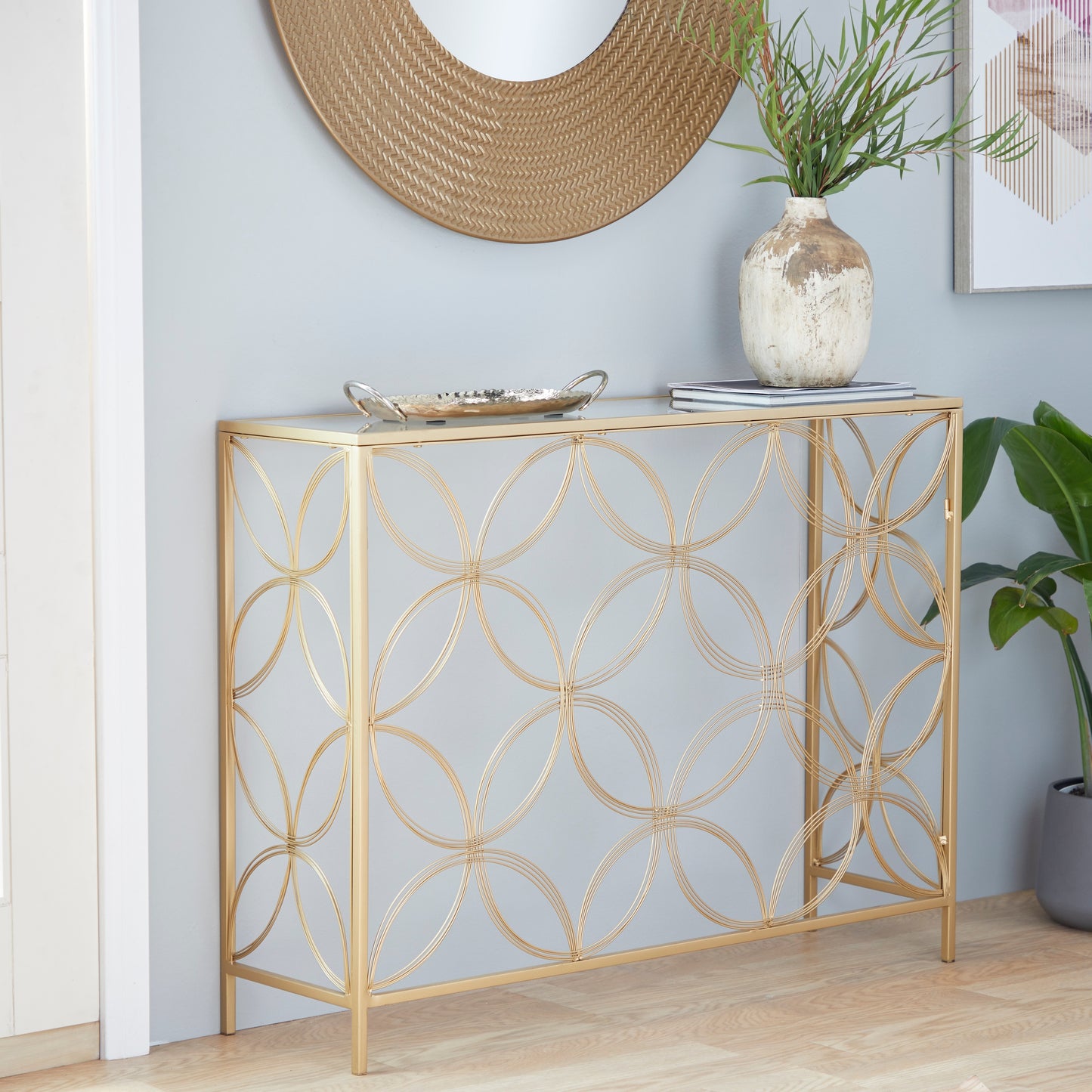 Gold Metal Geometric Console Table – Modern Elegance with a Unique Twist