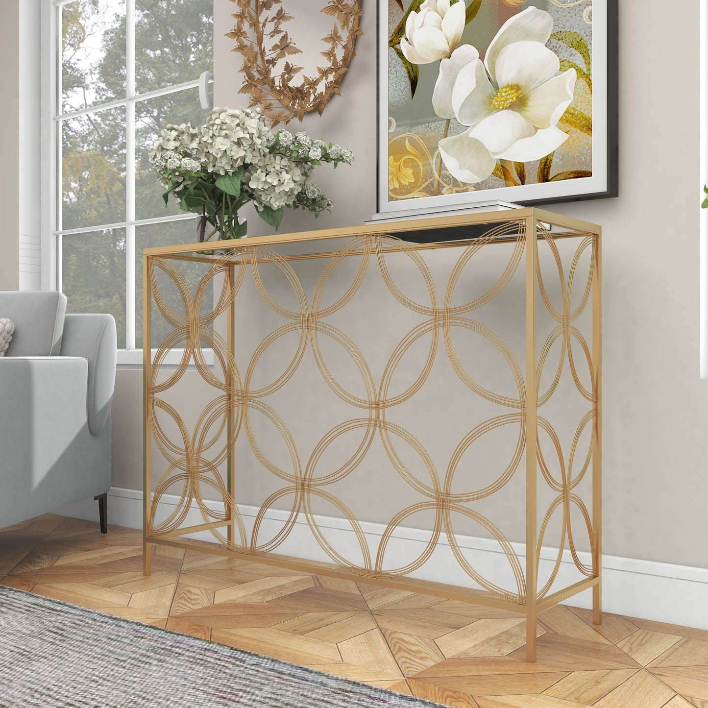 Gold Metal Geometric Console Table – Modern Elegance with a Unique Twist