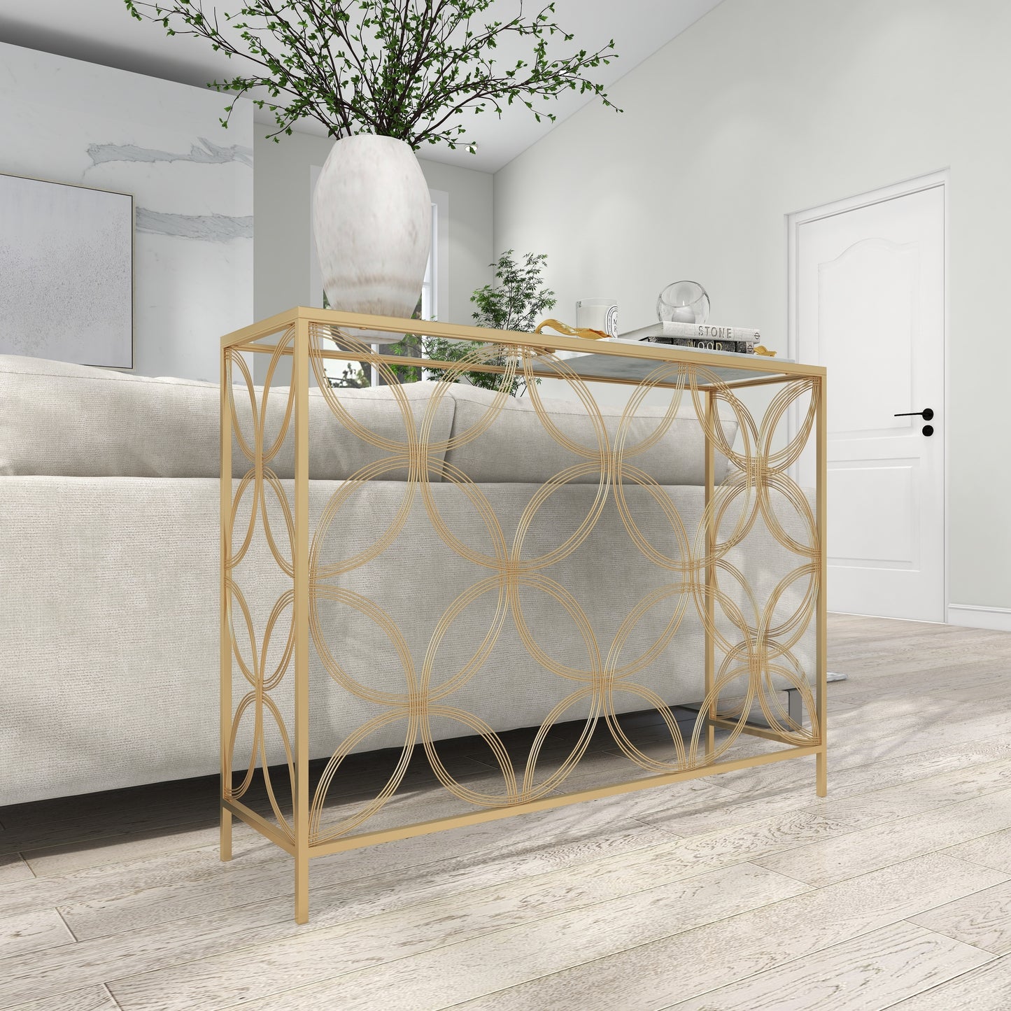 Gold Metal Geometric Console Table – Modern Elegance with a Unique Twist