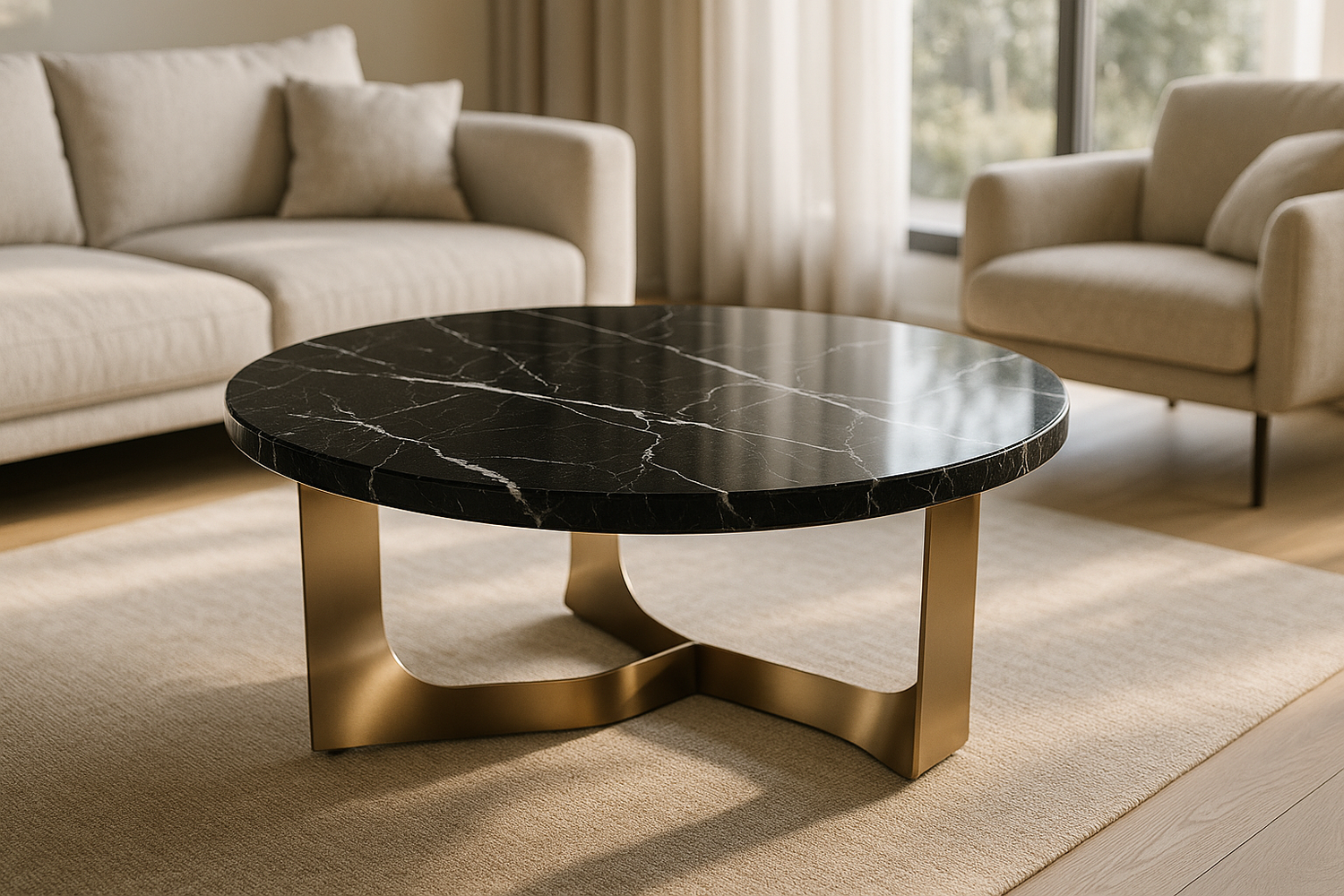 Unique design PVD Coffee Table with Black 15mm Thick Statuario Marble Top in a bright but soft day light living room