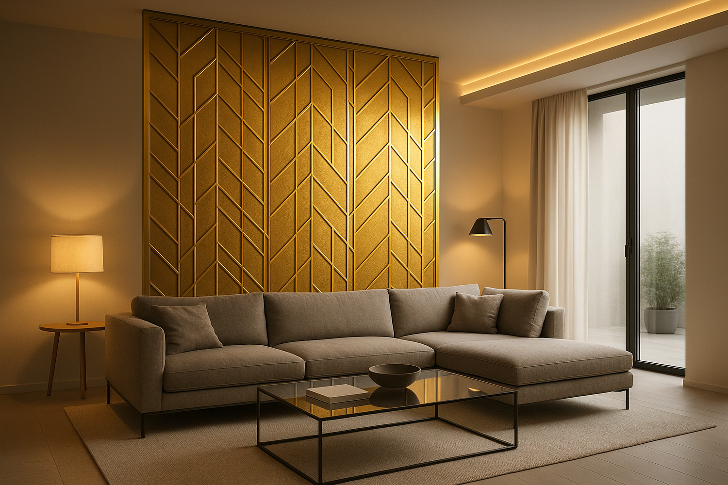 unique pvd gold partition in a modern living room with soft studio lighting