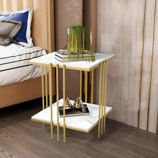 Luxurious White Marble-Top Side Table with Gold Metal Frame and Lower Shelf