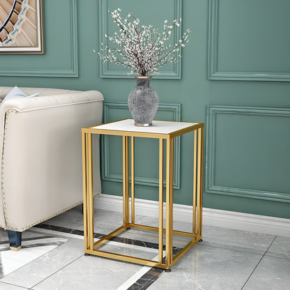 Square Marble-Top Side Table with Black Metal Frame and Storage Shelf