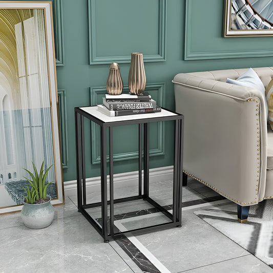 Square Marble-Top Side Table with Black Metal Frame and Storage Shelf