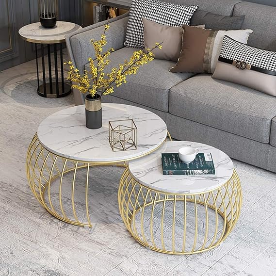 Metallic Symphony: Drum-Shaped Nesting Tables Ensemble - Ace Crafts Emporio
