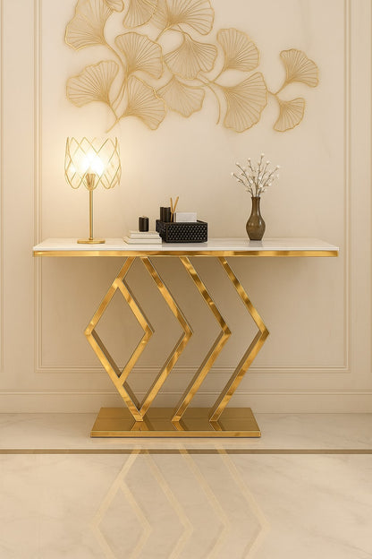 Modern Design Golden Console Table in Geometric Pattern with Marble Top