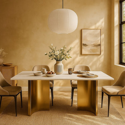 Cross Style Luxurious Golden PVD Base Dining Table with Marble Top 6 Seater