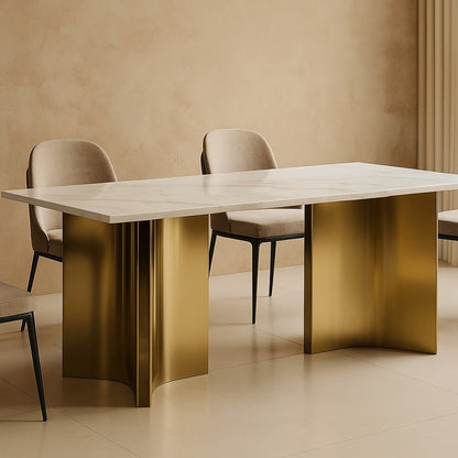 Cross Style Luxurious Golden PVD Base Dining Table with Marble Top 6 Seater
